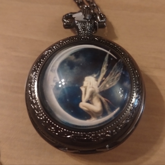 Jewelry - Fairy Moon Pocket Watch Necklace | Vintage Steampunk Quartz Pendant | Celestial